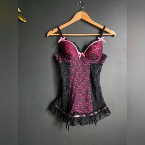 Vtg Victoria’s Secret Sexy Little Things Pink Black Garter Bustier Corset 34B